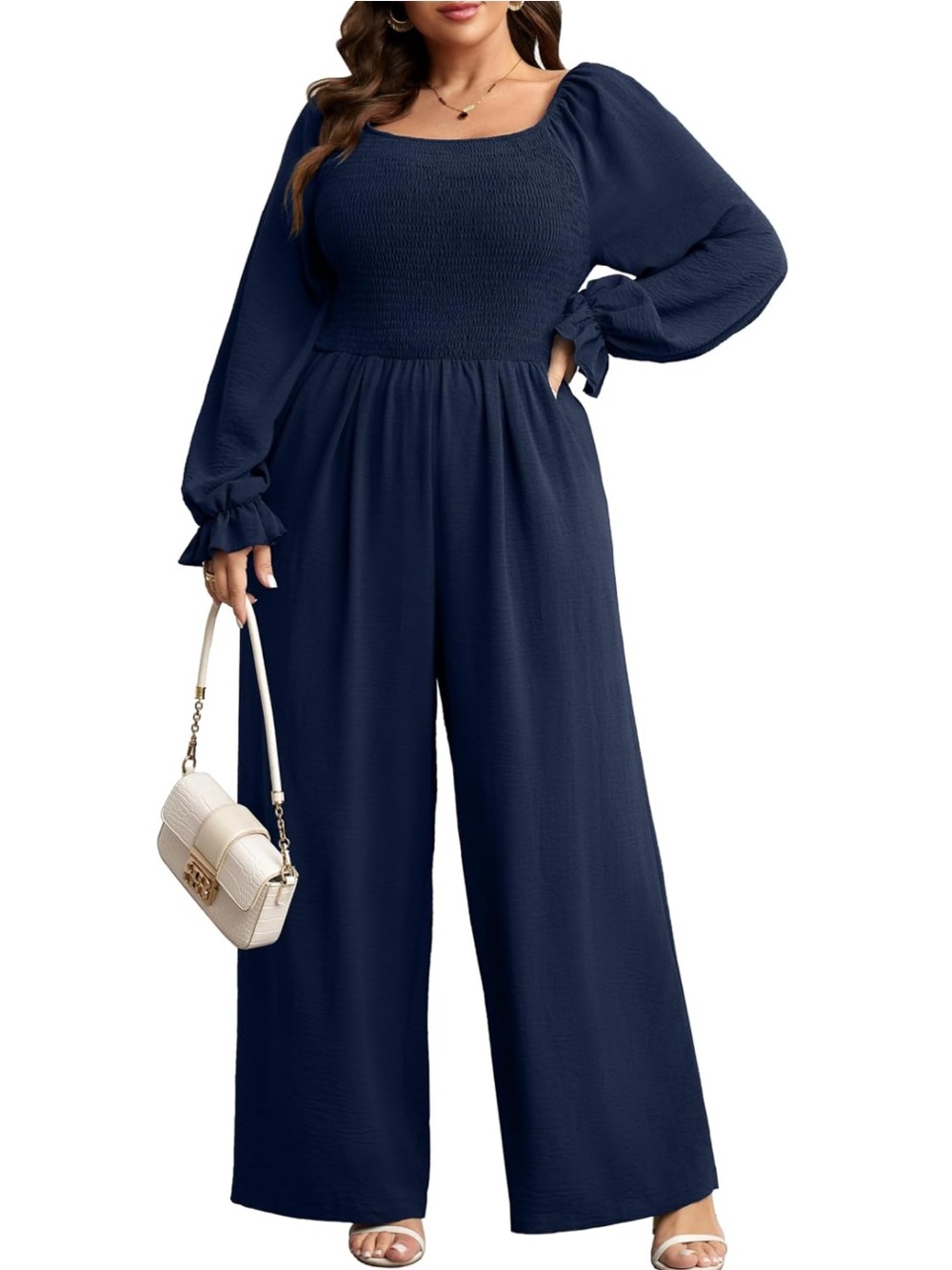 RWJ Navy Blue Jumpsuit Smocked Square Neck Long Sleeve XL